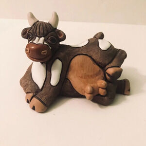 Vintage Hand Made Casals Bull Figurine Clay  Art 5.5 Inch Long Pottery Figure